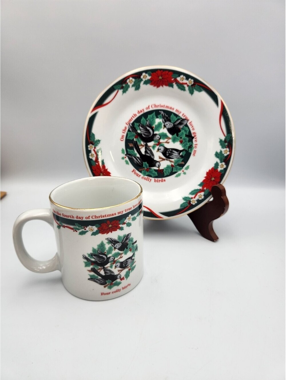 Tienshan Deck The Halls "Four Colly Birds" Mug & Plate Set 12 Days of Xmas - F3